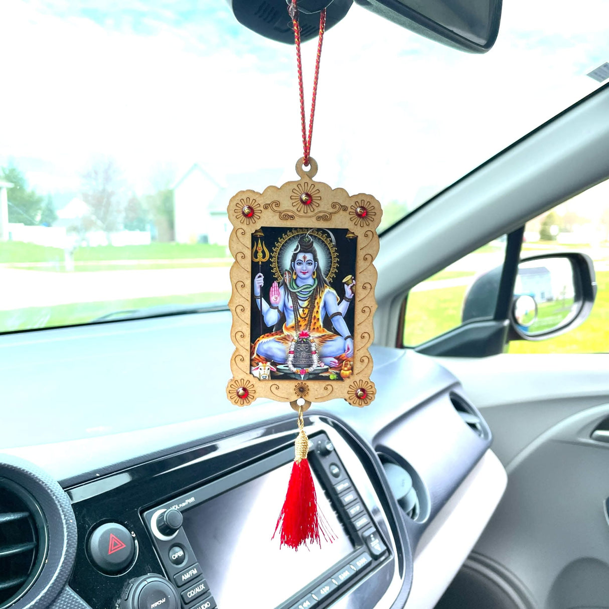 Hindu Car Hanging Ornament Car Hanger Photo Frame Rear View Mirror Car Charm Interior Decoration Accessories Car Dashboard Decor Ganesha Krishna Hanuman Om Balaji Shiv (pack of 1) - LoveNspire