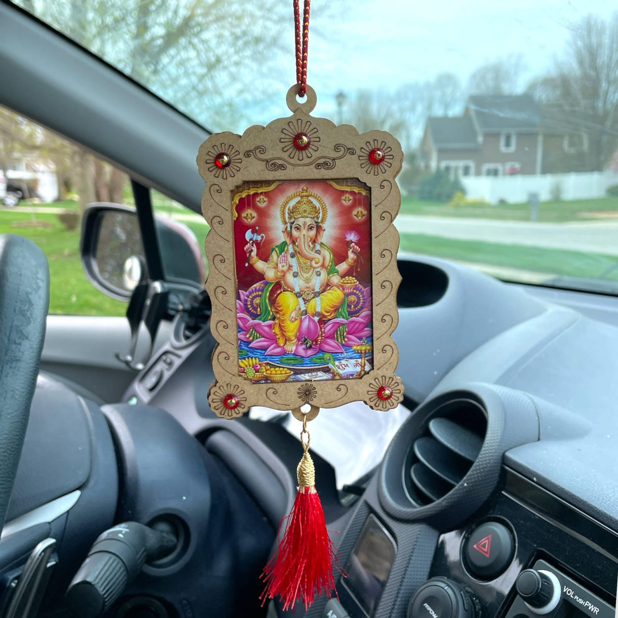 Hindu Car Hanging Ornament Car Hanger Photo Frame Rear View Mirror Car Charm Interior Decoration Accessories Car Dashboard Decor Ganesha Krishna Hanuman Om Balaji Shiv (pack of 1) - LoveNspire