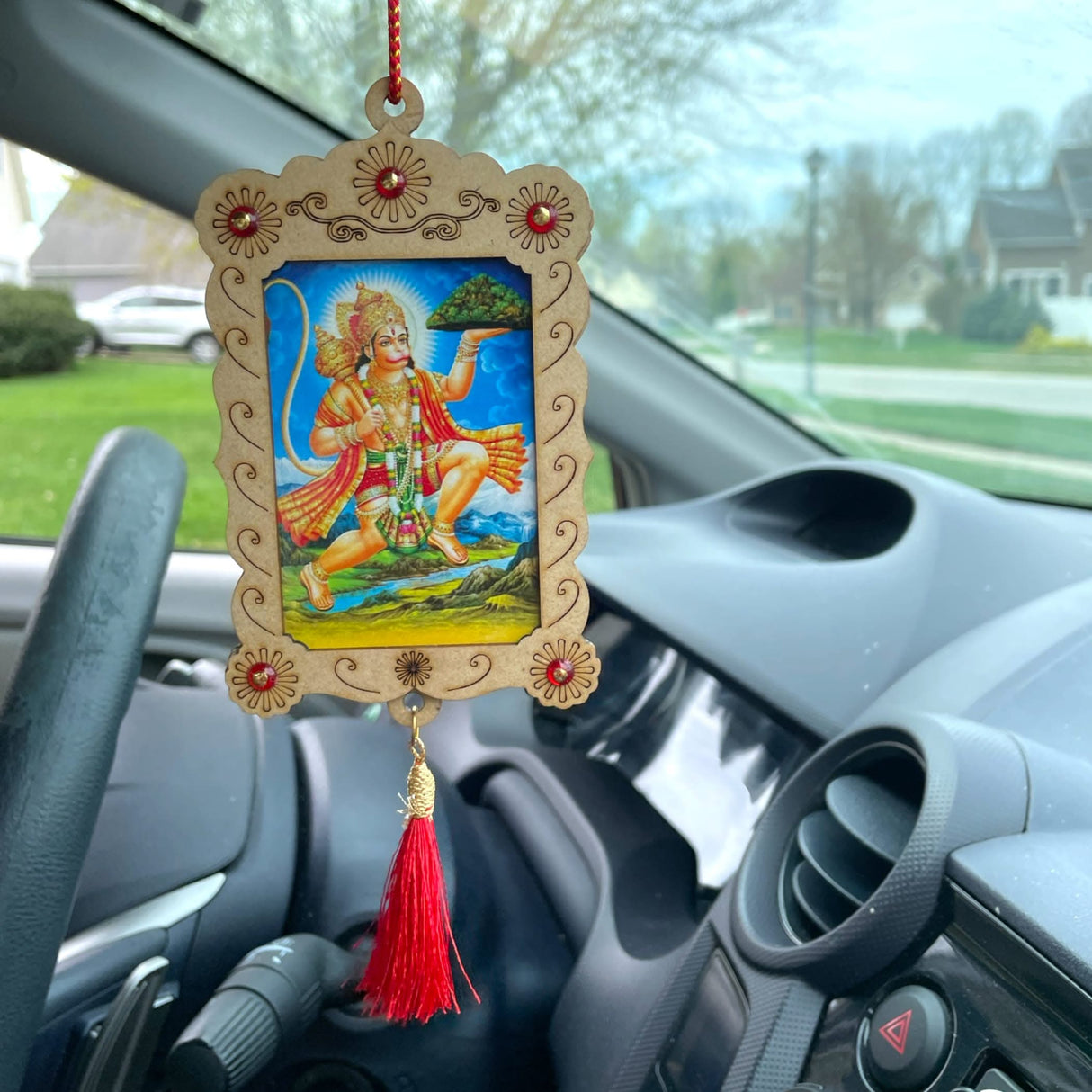 Hindu Car Hanging Ornament Car Hanger Photo Frame Rear View Mirror Car Charm Interior Decoration Accessories Car Dashboard Decor Ganesha Krishna Hanuman Om Balaji Shiv (pack of 1) - LoveNspire