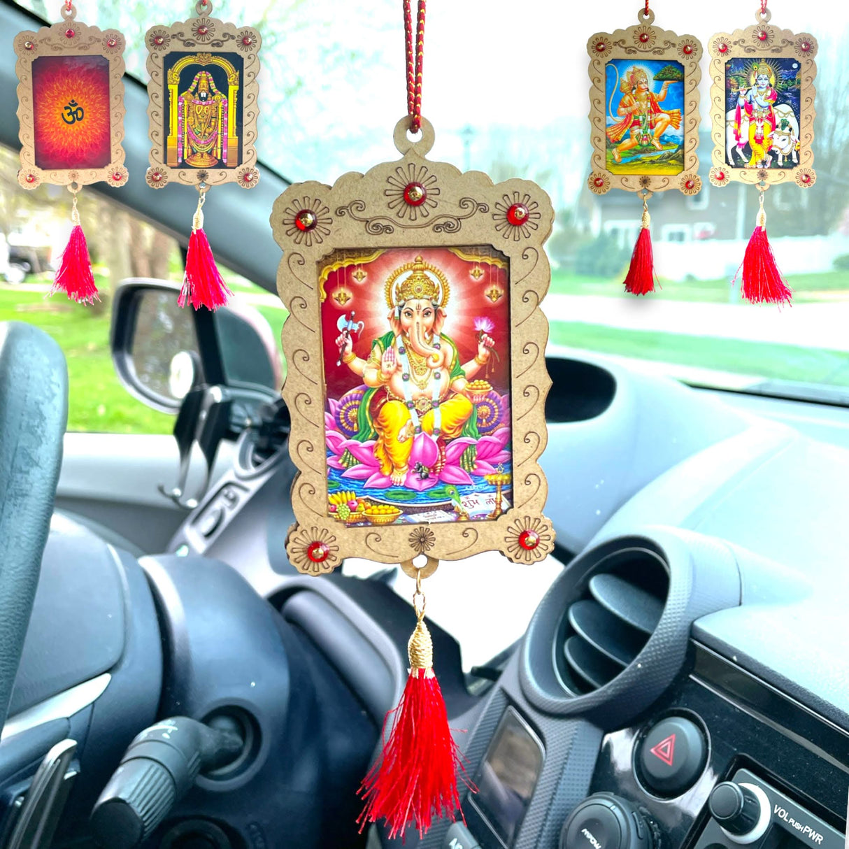 Hindu Car Hanging Ornament Car Hanger Photo Frame Rear View Mirror Car Charm Interior Decoration Accessories Car Dashboard Decor Ganesha Krishna Hanuman Om Balaji Shiv (pack of 1) - LoveNspire