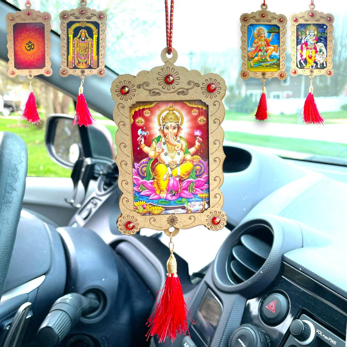 Hindu Car Hanging Ornament Car Hanger Photo Frame Rear View Mirror Car Charm Interior Decoration Accessories Car Dashboard Decor Ganesha Krishna Hanuman Om Balaji Shiv (pack of 1) - LoveNspire