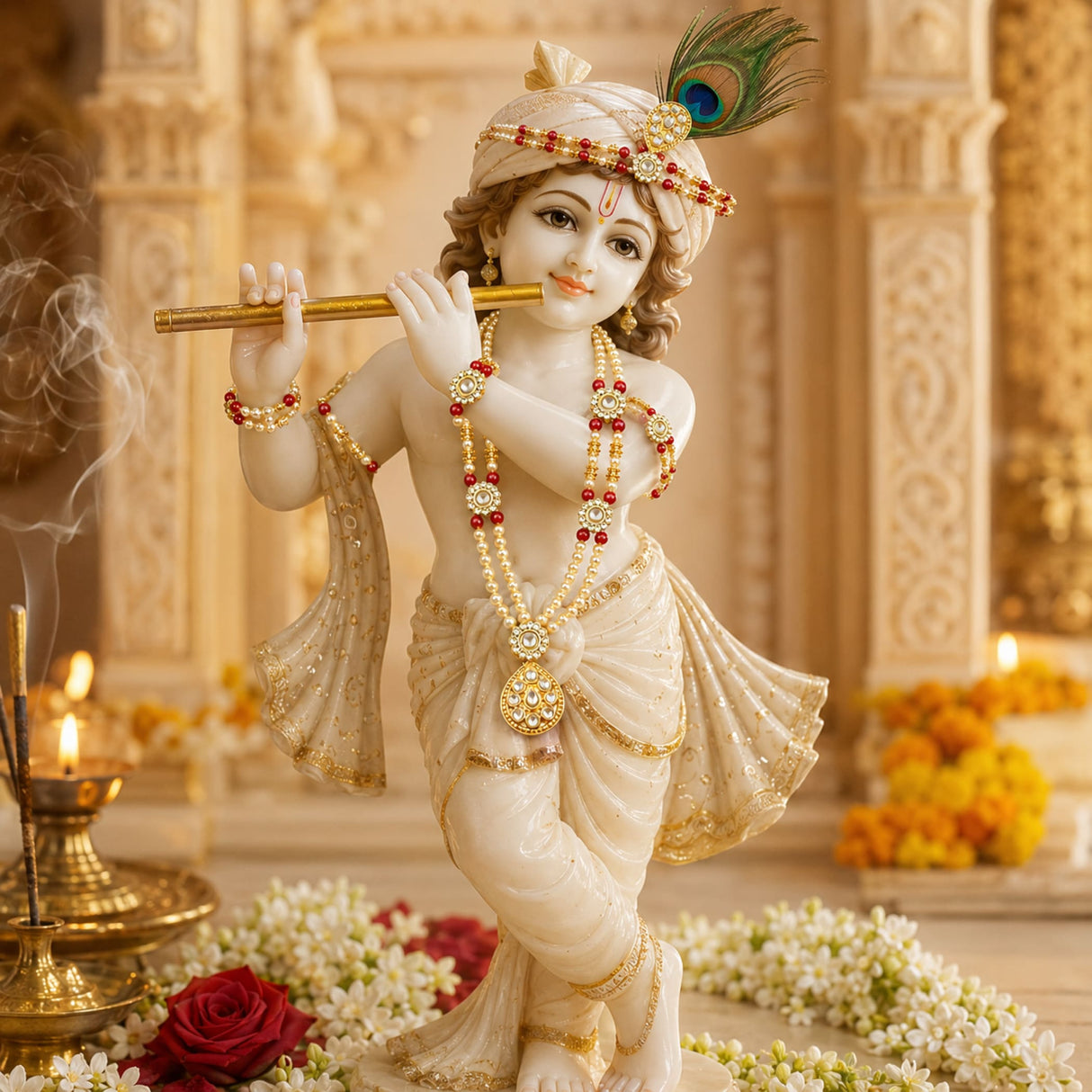 A detailed ivory marble statue of lord krishna adorned with gold jewelry and a peacock feather turban in a traditional hindu god jewelry set