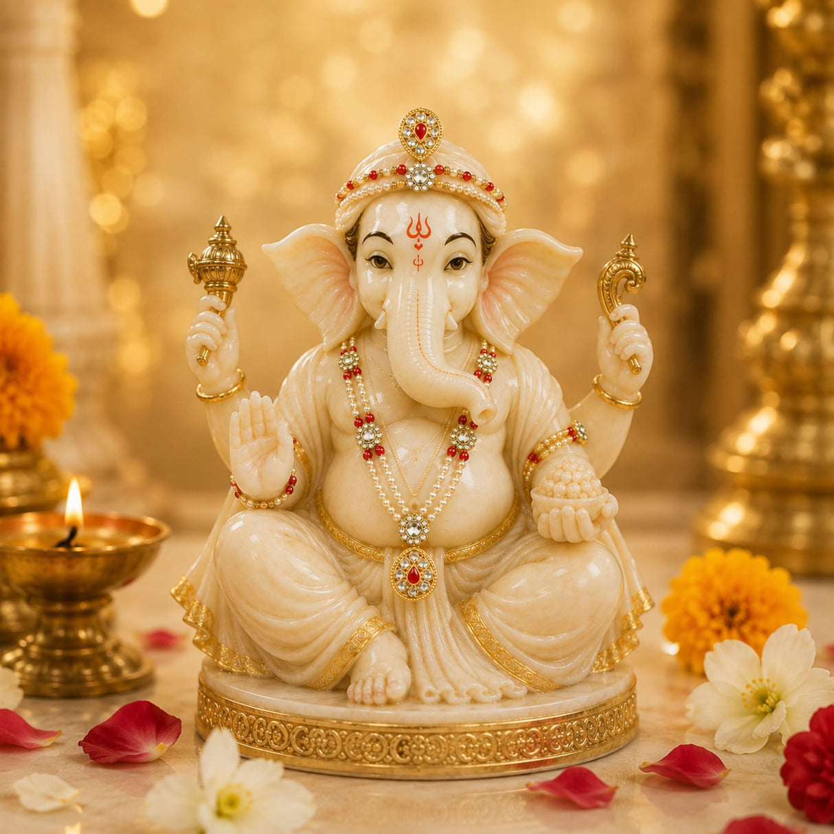 Cream-colored ganesha statue with gold accents and red gemstones from hindu god goddess shringaar jewellery set
