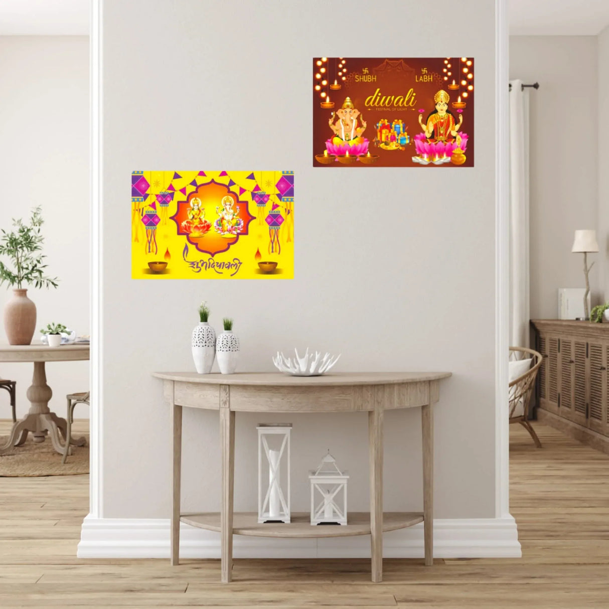 Hindu Goddess God Lakshmi Ganesha Poster Shubh Diwali Pooja Banner Wall Decorations Religious Photo Wall Art Home Room Mandir Temple Office Decor Unframed 12 x 17 Inches - LoveNspire