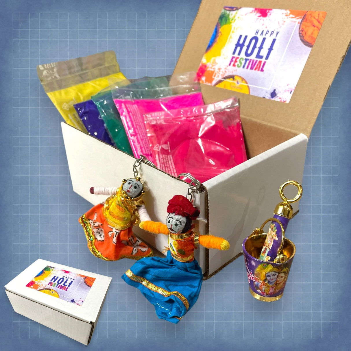 Holi Gift Hamper Holi Decoration Premium Handmade Indian Gift Hamper Holi Party Favors Festive Hamper Holi Gulal Colors, Radhe Krishna Pichkari Bucket, Keychains - LoveNspire