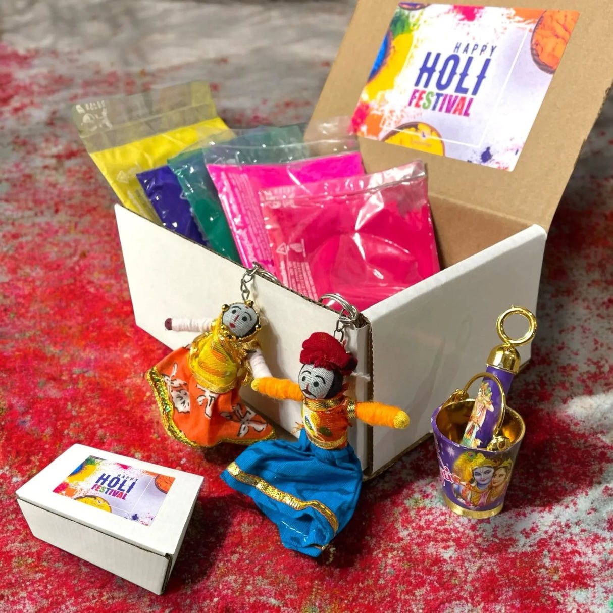 Holi Gift Hamper Holi Decoration Premium Handmade Indian Gift Hamper Holi Party Favors Festive Hamper Holi Gulal Colors, Radhe Krishna Pichkari Bucket, Keychains - LoveNspire