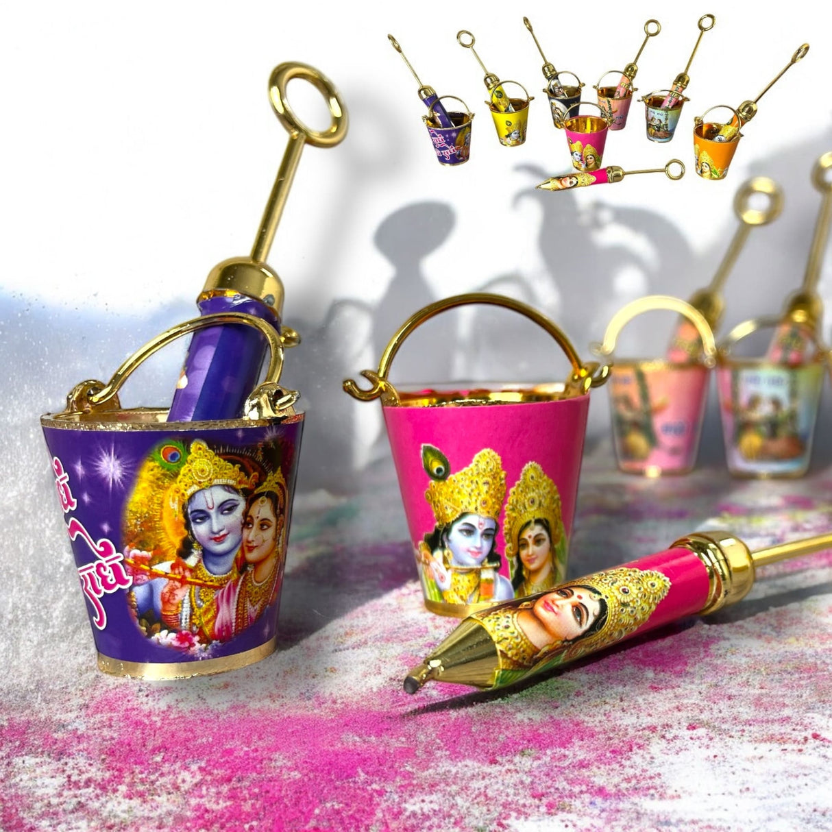Holi Gift Hamper Holi Decoration Premium Handmade Indian Gift Hamper Holi Party Favors Festive Hamper Holi Gulal Colors, Radhe Krishna Pichkari Bucket, Keychains - LoveNspire