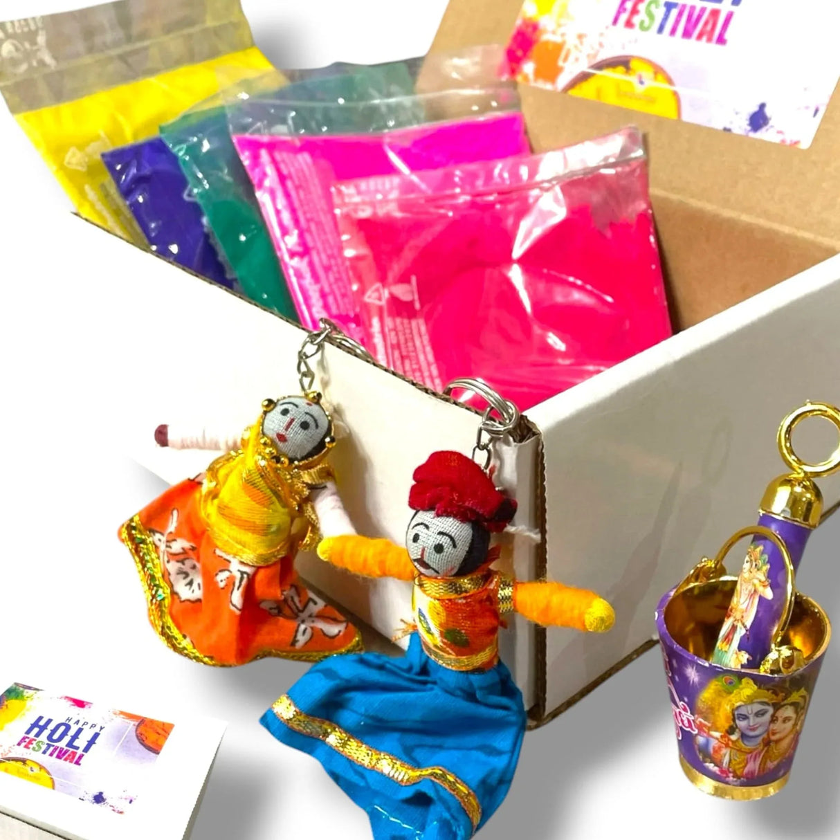 Holi Gift Hamper Holi Decoration Premium Handmade Indian Gift Hamper Holi Party Favors Festive Hamper Holi Gulal Colors, Radhe Krishna Pichkari Bucket, Keychains - LoveNspire