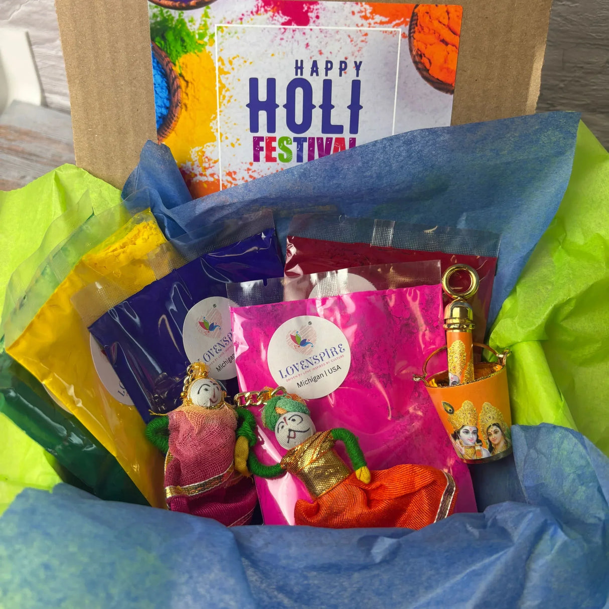 Holi Gift Hamper Holi Decoration Premium Handmade Indian Gift Hamper Holi Party Favors Festive Hamper Holi Gulal Colors, Radhe Krishna Pichkari Bucket, Keychains - LoveNspire