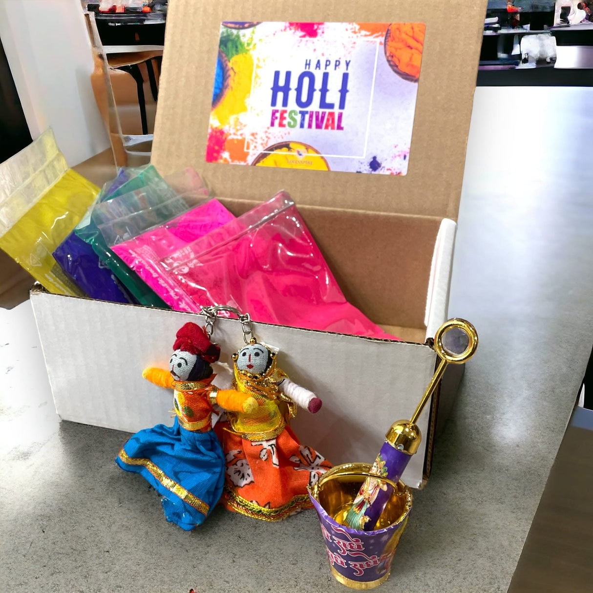 Holi Gift Hamper Holi Decoration Premium Handmade Indian Gift Hamper Holi Party Favors Festive Hamper Holi Gulal Colors, Radhe Krishna Pichkari Bucket, Keychains - LoveNspire
