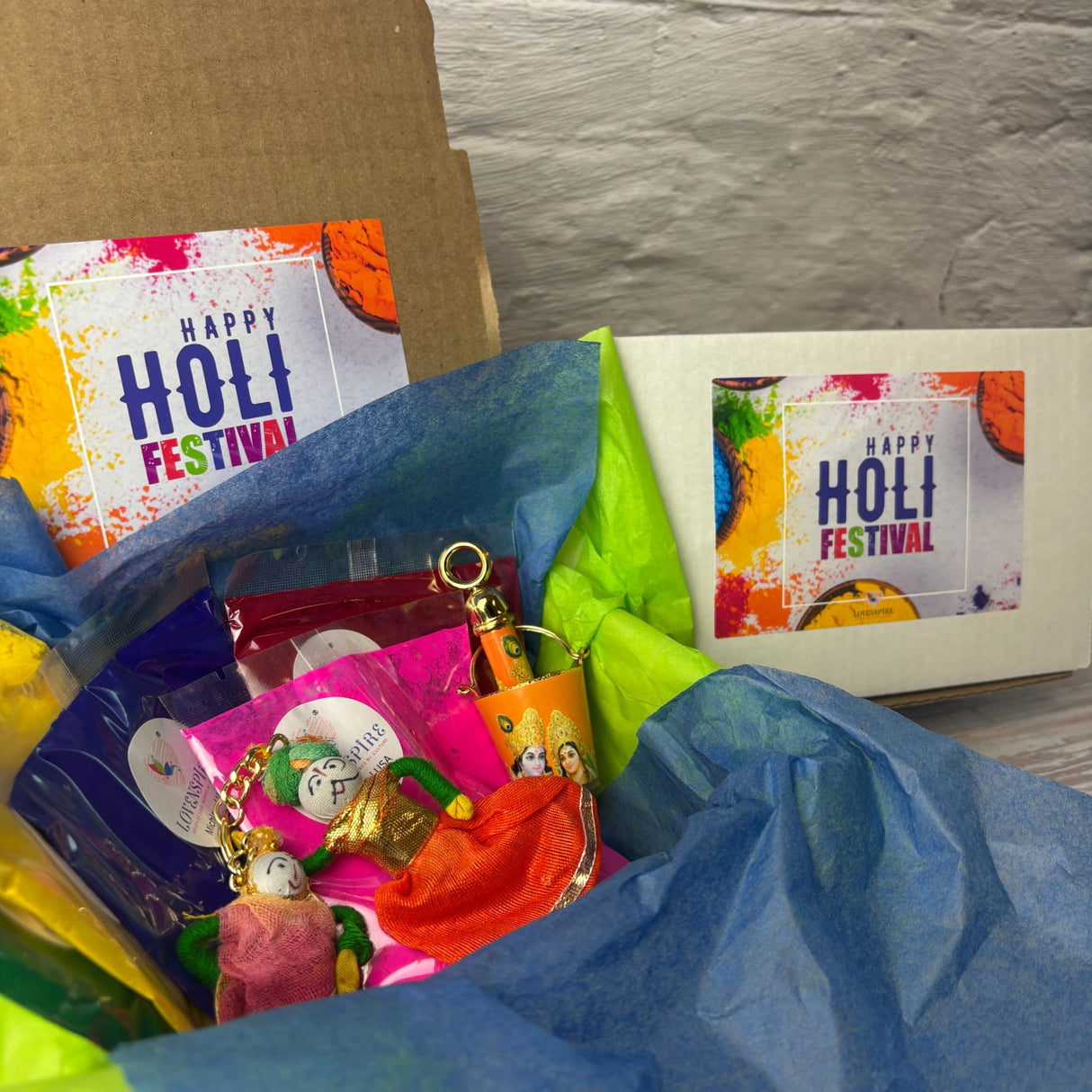 Holi Gift Hamper Holi Decoration Premium Handmade Indian Gift Hamper Holi Party Favors Festive Hamper Holi Gulal Colors, Radhe Krishna Pichkari Bucket, Keychains - LoveNspire