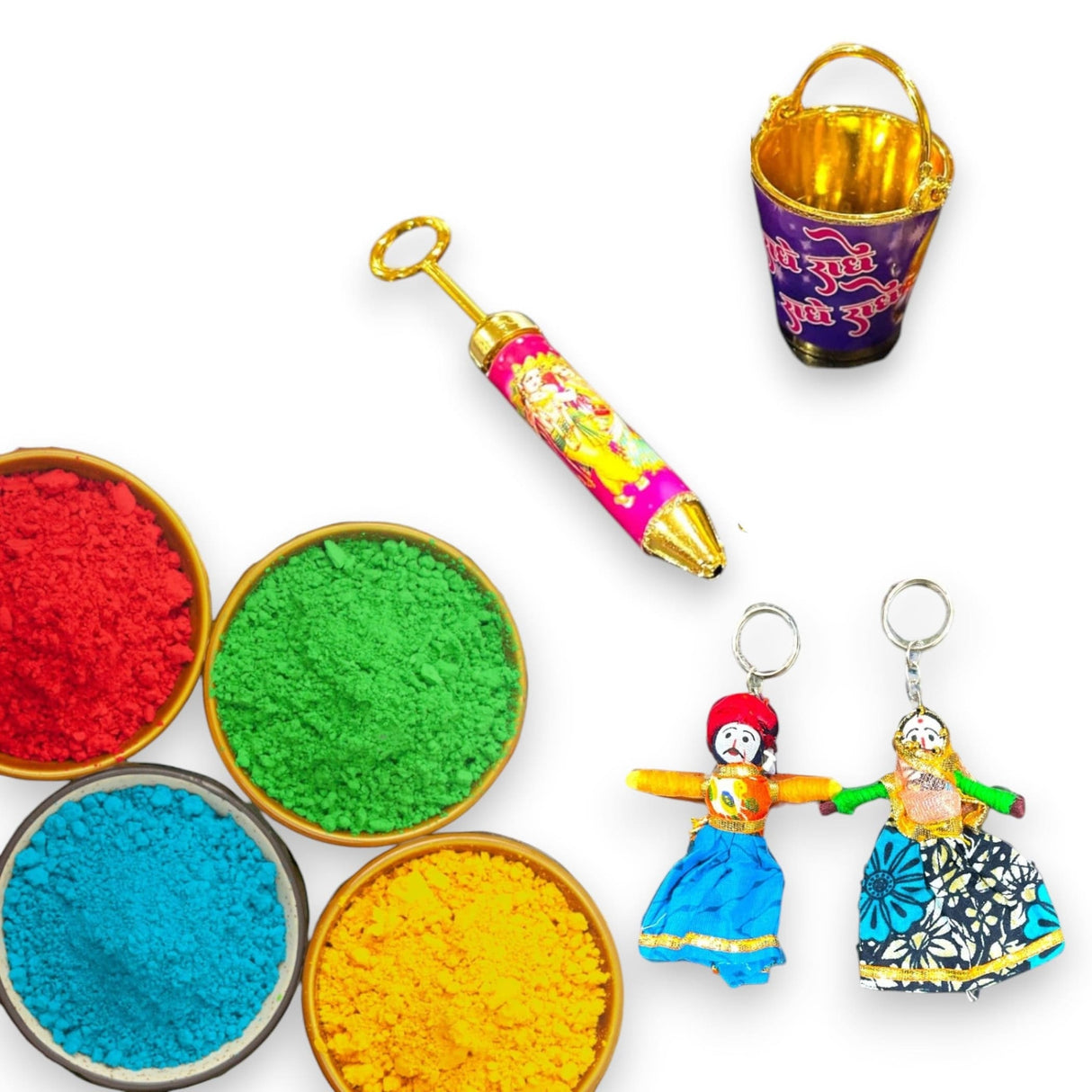 Holi Gift Hamper Holi Decoration Premium Handmade Indian Gift Hamper Holi Party Favors Festive Hamper Holi Gulal Colors, Radhe Krishna Pichkari Bucket, Keychains - LoveNspire