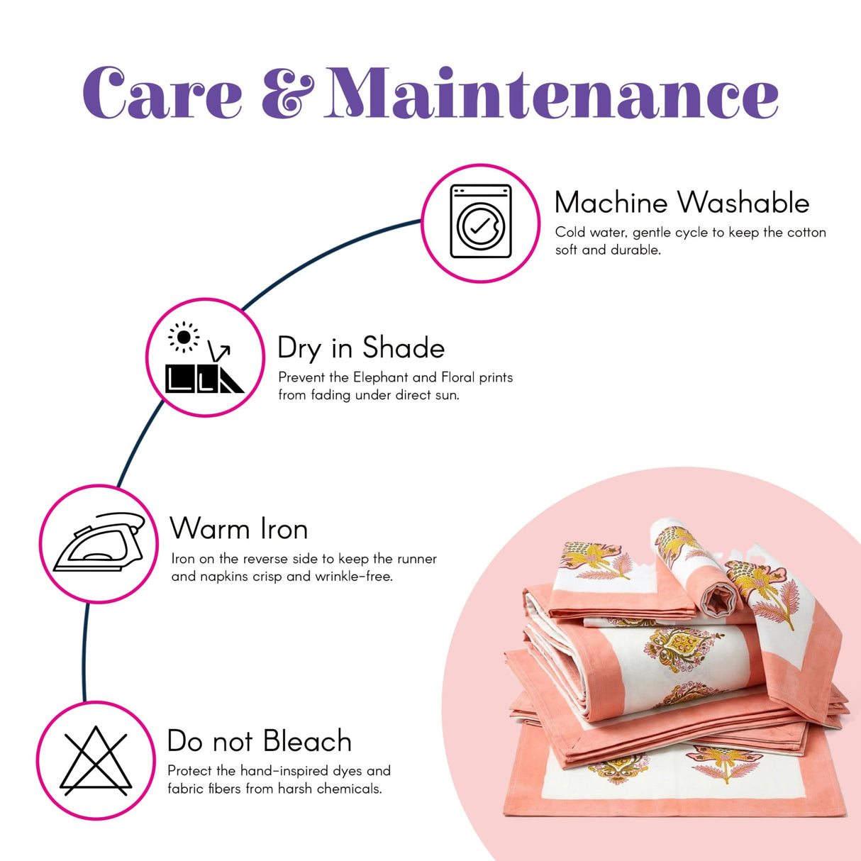 Stack of coral and white cotton napkins with embroidered elephant and floral prints