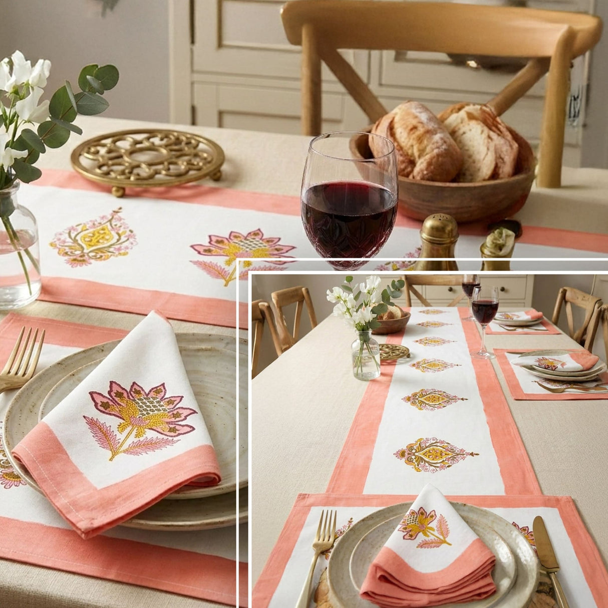 Coral-pink linen napkin with yellow pink floral embroidery from 13pc Home Table Decor set