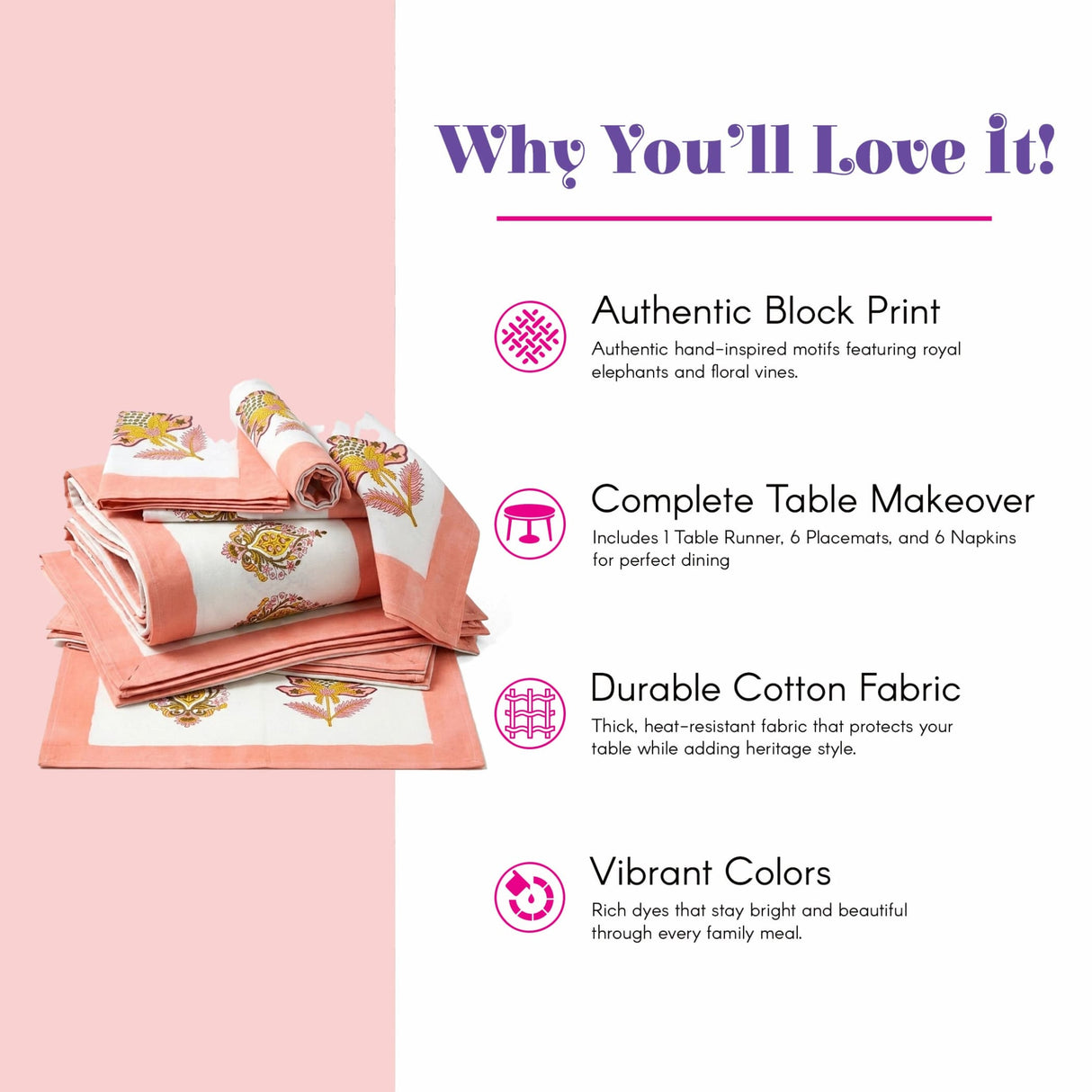 Pink white 13pc tableware set with royal elephant block print designs