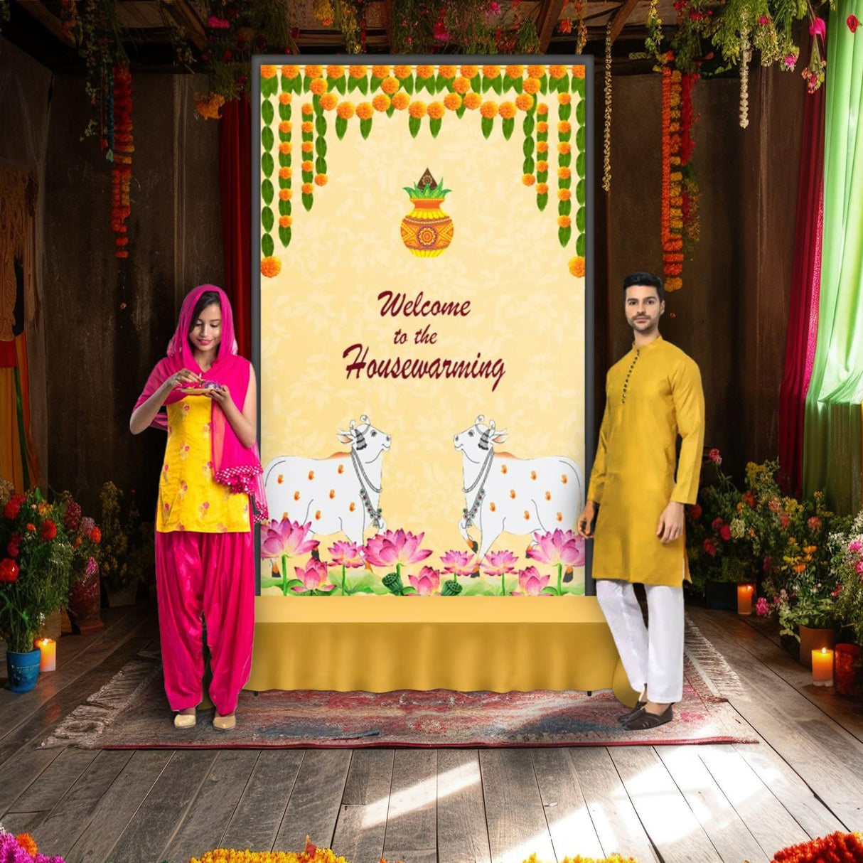 Housewarming Backdrop Indian Traditional Cloth 5x8 Feet Backdrop Pooja Wall Decor Indian Wall Art Photo Decor Banner Indian Indian Housewarming Favor Decorative Cloth - LoveNspire