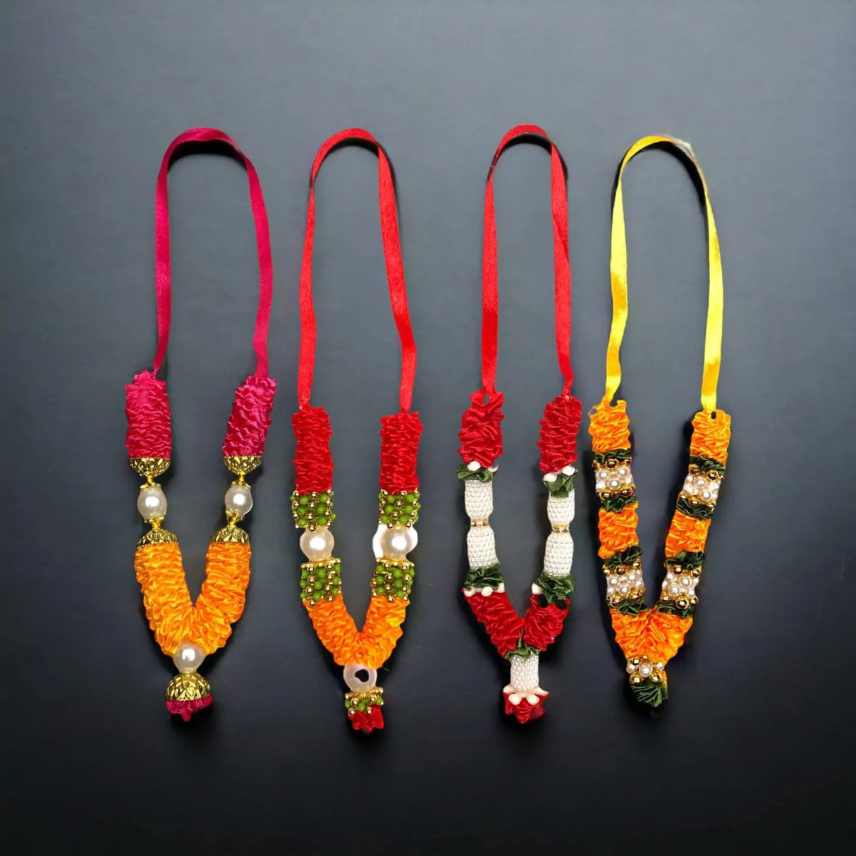 4 Inches Mini Idol Mala, Makhamali Bhagwan Haar, Artificial Indian ,pooja Garland, Diwali Puja Items, Krishna Decor, Red Flower Garlands, Photo Frame - LoveNspire