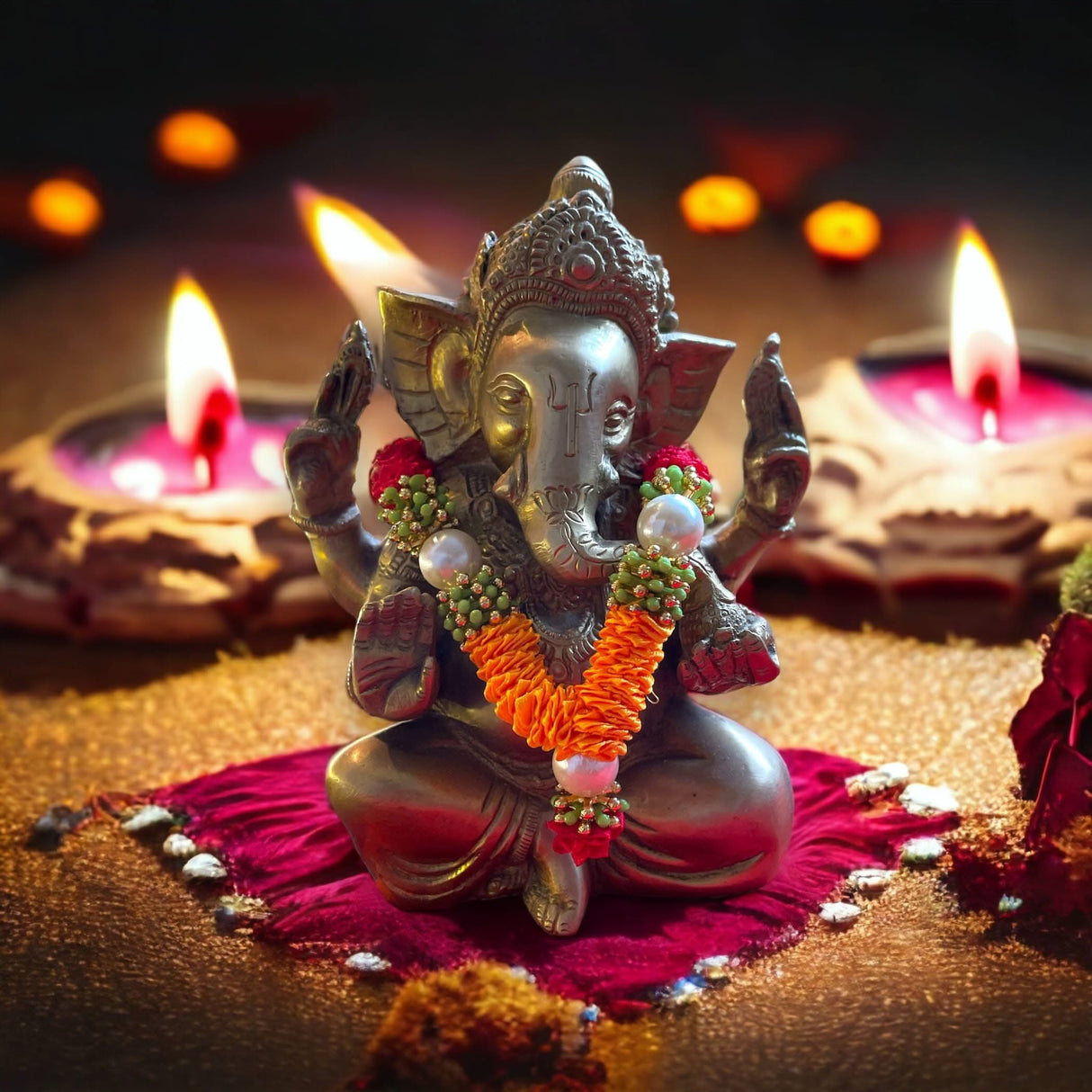 4 Inches Mini Idol Mala, Makhamali Bhagwan Haar, Artificial Indian ,pooja Garland, Diwali Puja Items, Krishna Decor, Red Flower Garlands, Photo Frame - LoveNspire