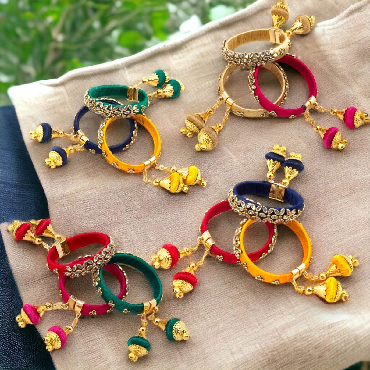 Silk Thread Bangles Designer Kundan Bangle Bracelet Set for Women Ethnic Handmade Beautiful and Stylish Assorted Kangan with Latkan Free Size Fashion Jewelry for Indian Wedding - LoveNspire