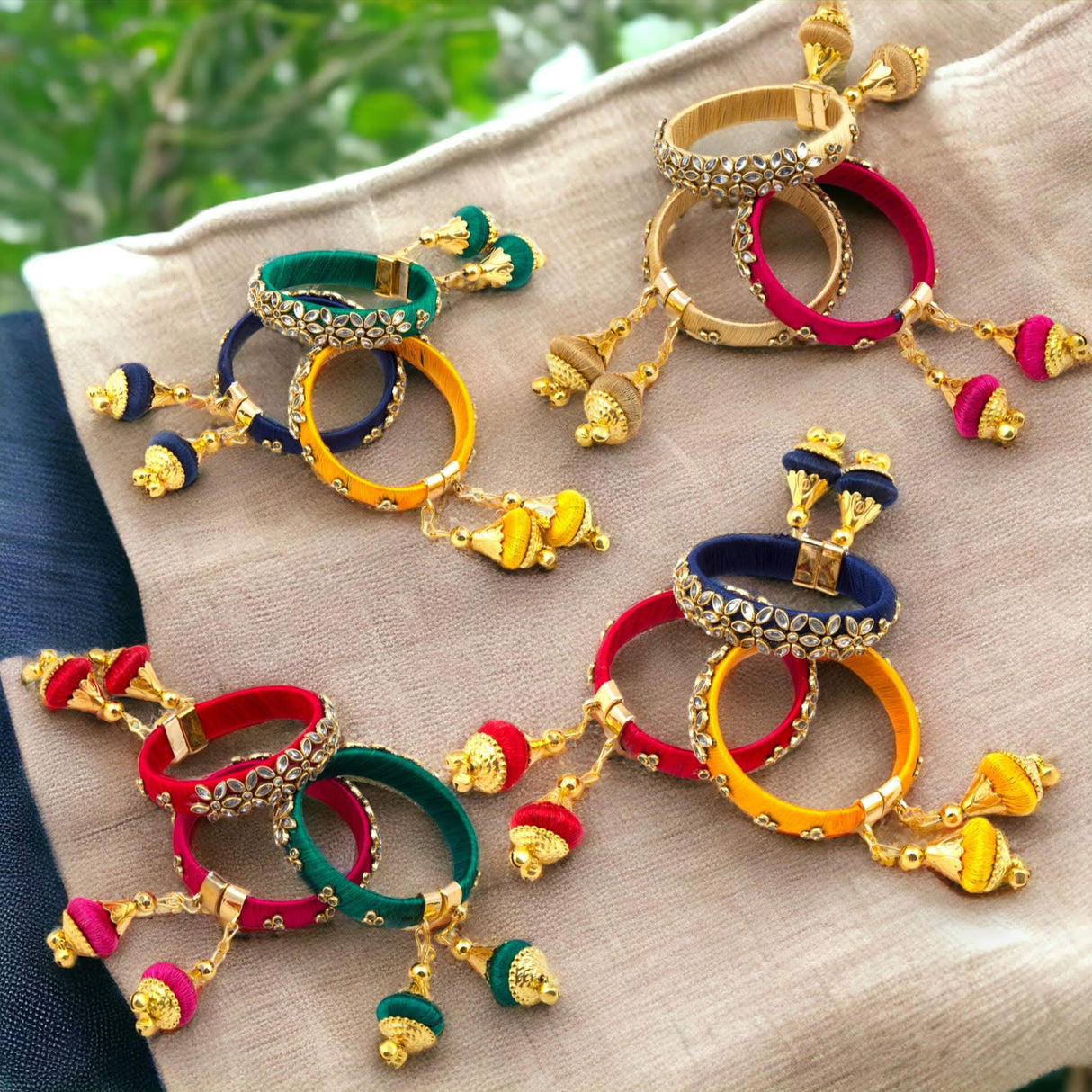 Silk Thread Bangles Designer Kundan Bangle Bracelet Set for Women Ethnic Handmade Beautiful and Stylish Assorted Kangan with Latkan Free Size Fashion Jewelry for Indian Wedding - LoveNspire