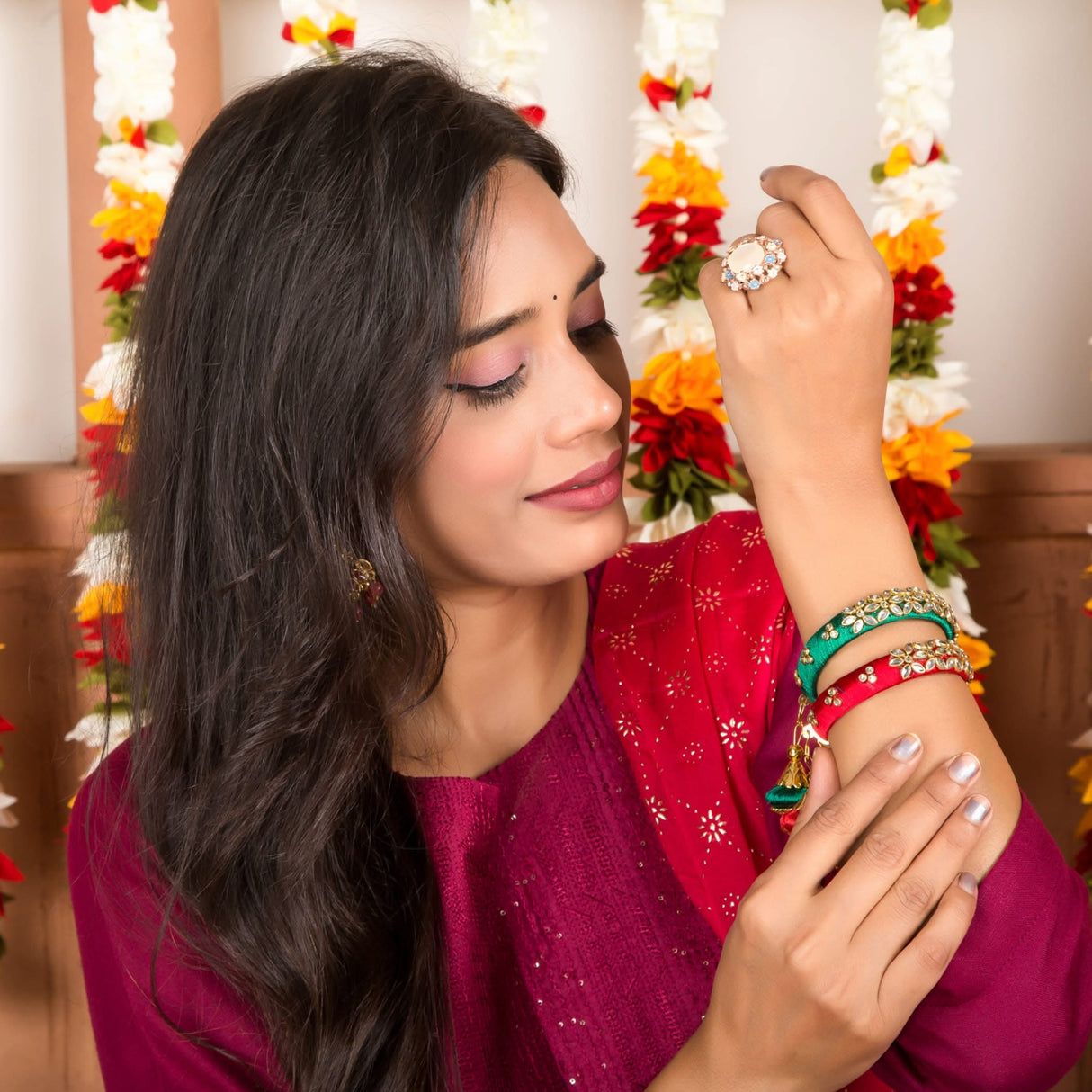 Silk Thread Bangles Designer Kundan Bangle Bracelet Set for Women Ethnic Handmade Beautiful and Stylish Assorted Kangan with Latkan Free Size Fashion Jewelry for Indian Wedding - LoveNspire