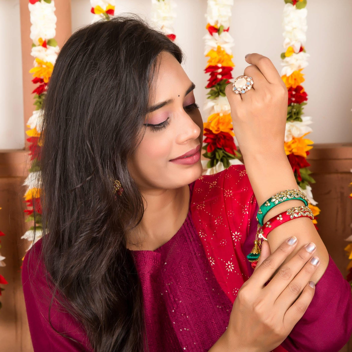 Silk Thread Bangles Designer Kundan Bangle Bracelet Set for Women Ethnic Handmade Beautiful and Stylish Assorted Kangan with Latkan Free Size Fashion Jewelry for Indian Wedding - LoveNspire