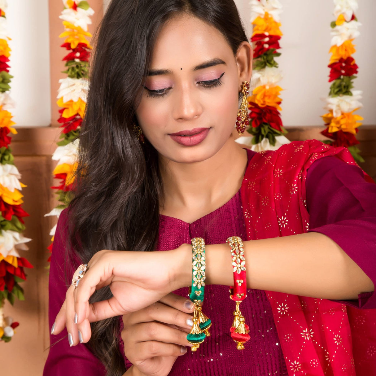 Silk Thread Bangles Designer Kundan Bangle Bracelet Set for Women Ethnic Handmade Beautiful and Stylish Assorted Kangan with Latkan Free Size Fashion Jewelry for Indian Wedding - LoveNspire