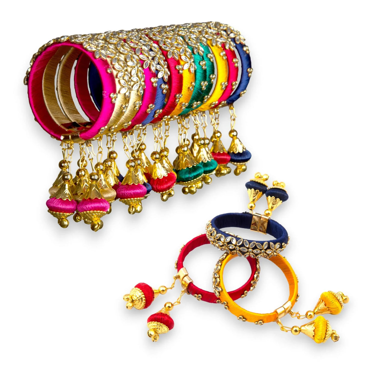 Silk Thread Bangles Designer Kundan Bangle Bracelet Set for Women Ethnic Handmade Beautiful and Stylish Assorted Kangan with Latkan Free Size Fashion Jewelry for Indian Wedding - LoveNspire