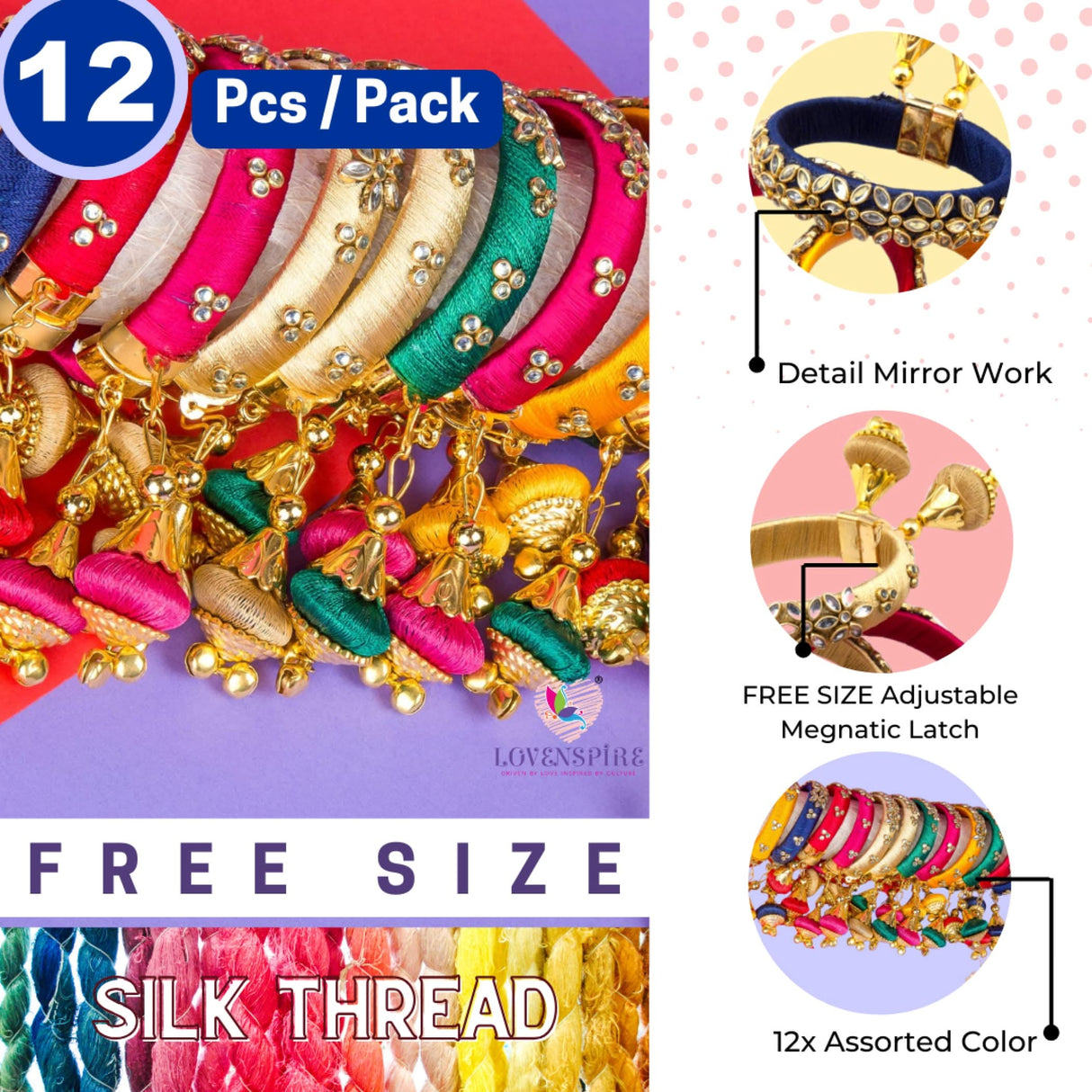 Silk Thread Bangles Designer Kundan Bangle Bracelet Set for Women Ethnic Handmade Beautiful and Stylish Assorted Kangan with Latkan Free Size Fashion Jewelry for Indian Wedding - LoveNspire