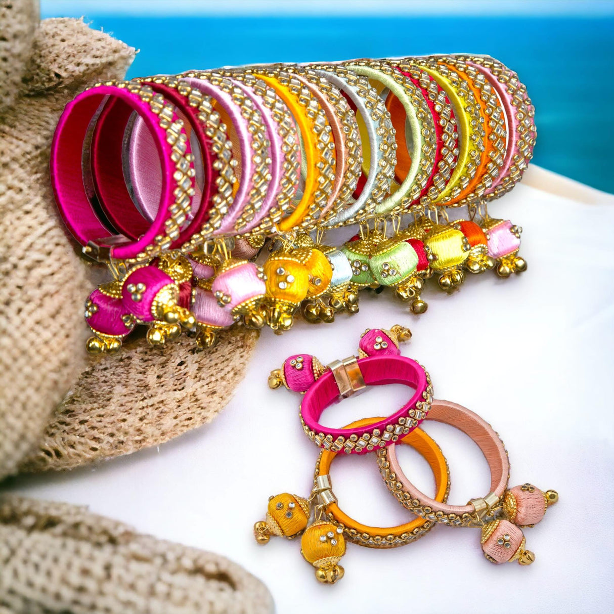 Silk Thread Bangles Designer Kundan Bangle Bracelet for Women Ethnic Handmade Beautiful and Stylish Assorted Kangan with Latkan Free Size Fashion Jewelry for Indian Wedding - LoveNspire