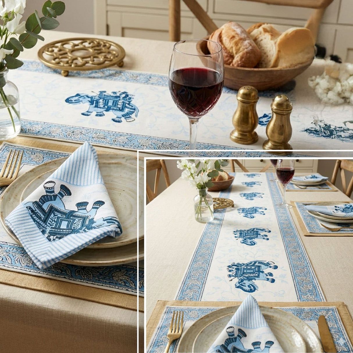 Blue and white Imperial Elephant embroidered cotton napkin