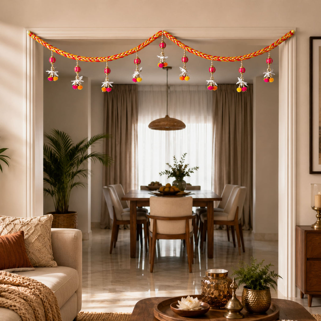 Traditional festive door toran garland in vibrant orange yellow with pink white gold tassels for diwali pooja decor