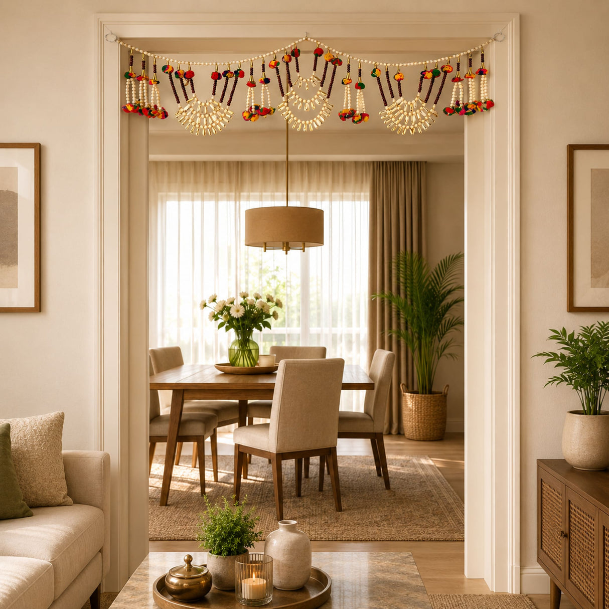 Bead door toran with multicolor pompom features ornate beadwork and warm gold red orange tones for festive decorations