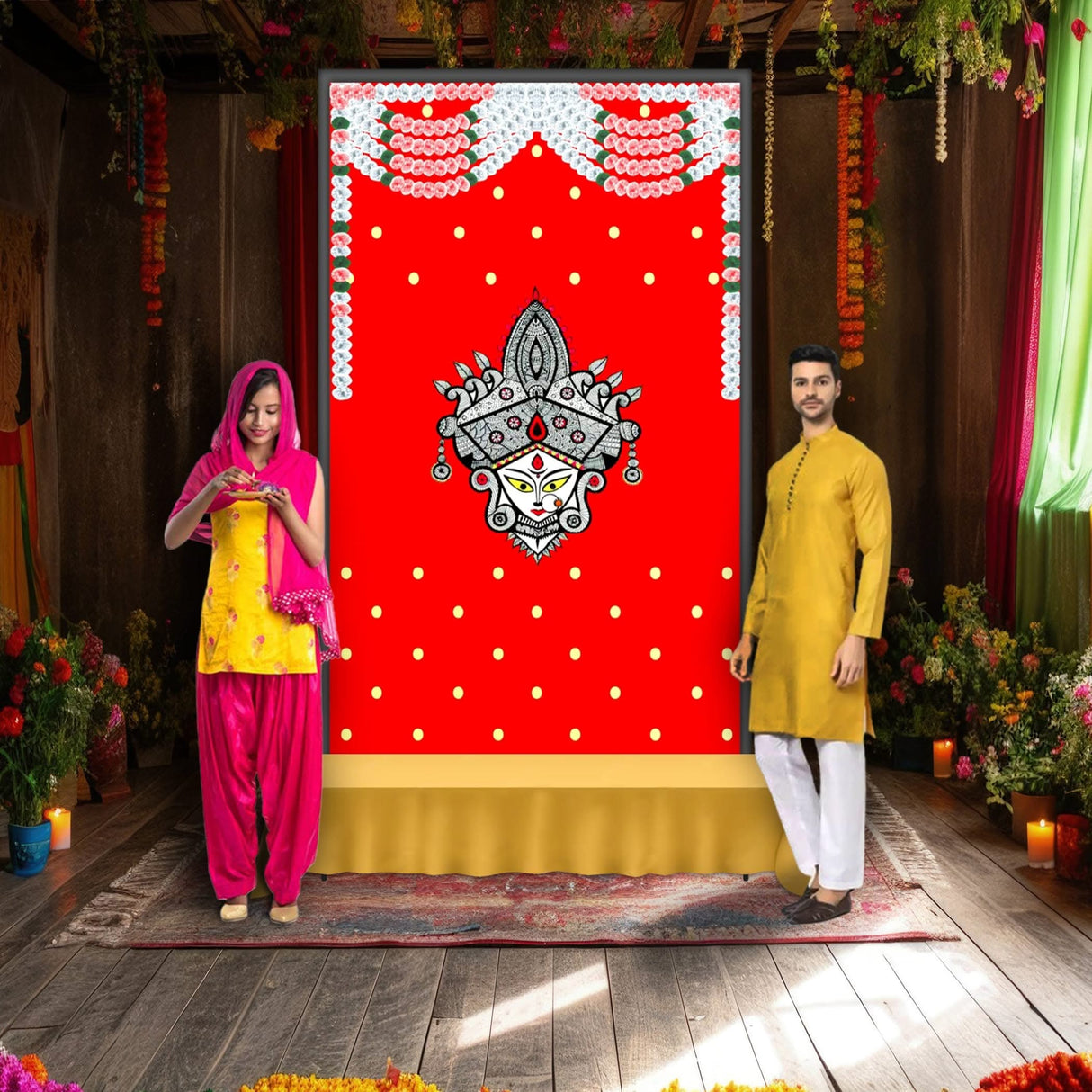 Indian Durga Mata Backdrop Traditional Cloth Durga Pooja Navratri Backdrop Hindu Pooja Decor Indian Wall Art Photo Wall Banner Decorative Hangings Housewarming Gift - LoveNspire