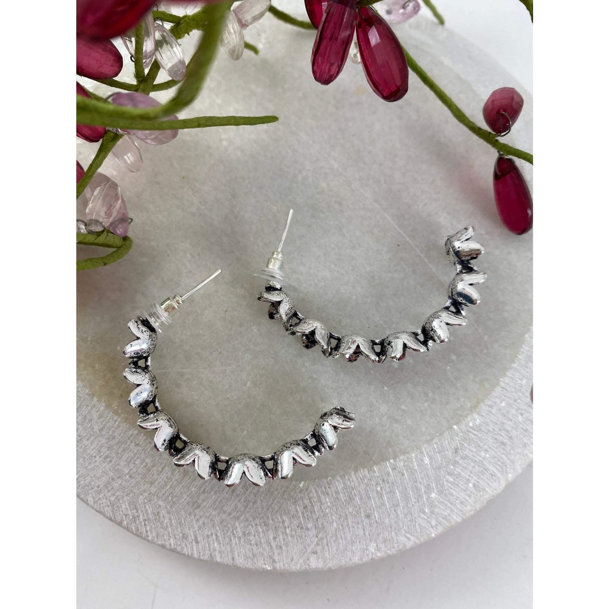 Indian Oxidized Half-Hoop Earrings for Women - Oxidized Flower Huggie Hoop Earrings Bohemian Inspired Half-Circle Design Bollywood Style Ear Jewellery for Bridesmaid | Birthday Gift for Her - LoveNspire