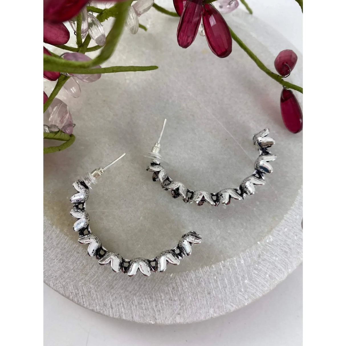 Indian Oxidized Half-Hoop Earrings for Women - Oxidized Flower Huggie Hoop Earrings Bohemian Inspired Half-Circle Design Bollywood Style Ear Jewellery for Bridesmaid | Birthday Gift for Her - LoveNspire