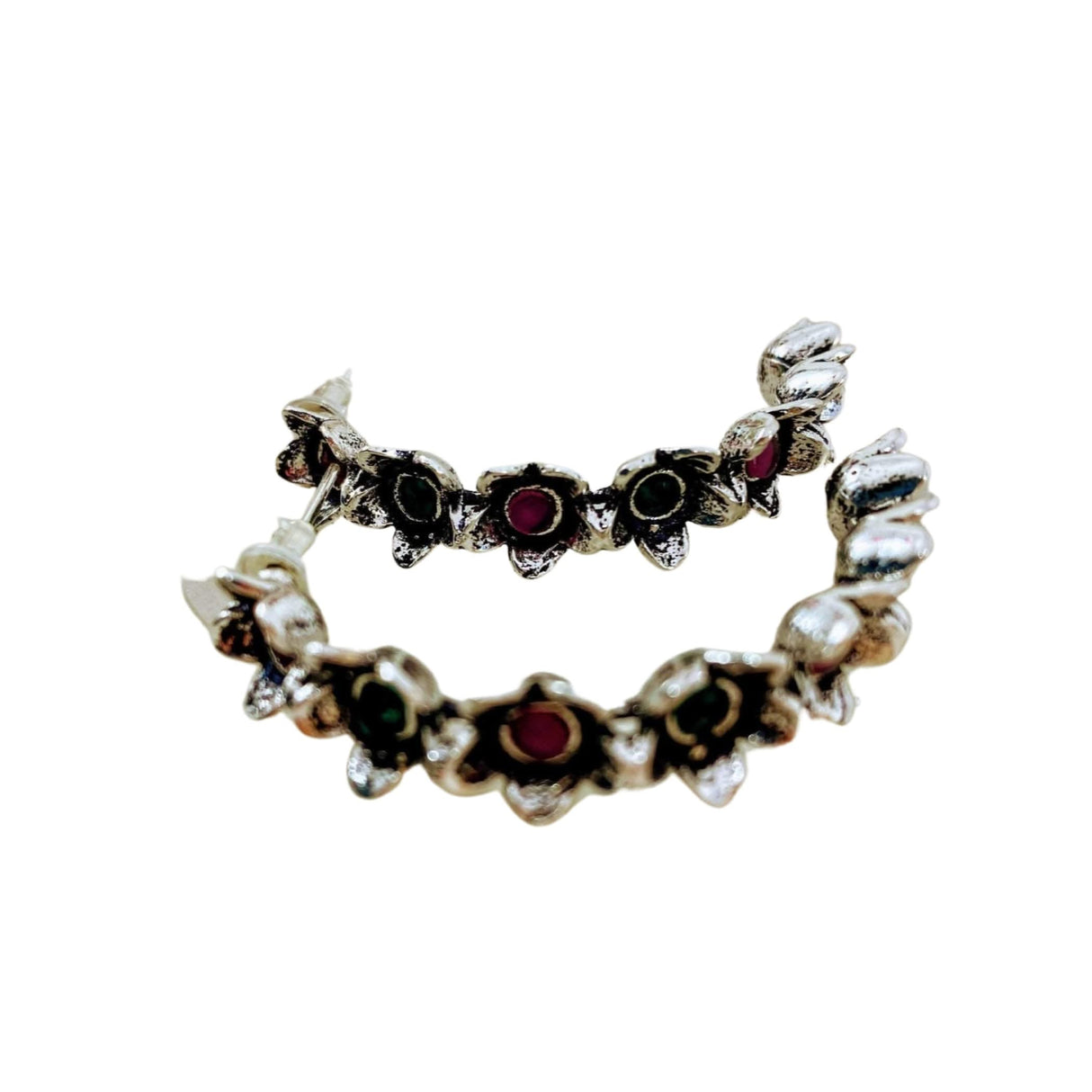 Indian Oxidized Half-Hoop Earrings for Women - Oxidized Flower Huggie Hoop Earrings Bohemian Inspired Half-Circle Design Bollywood Style Ear Jewellery for Bridesmaid | Birthday Gift for Her - LoveNspire