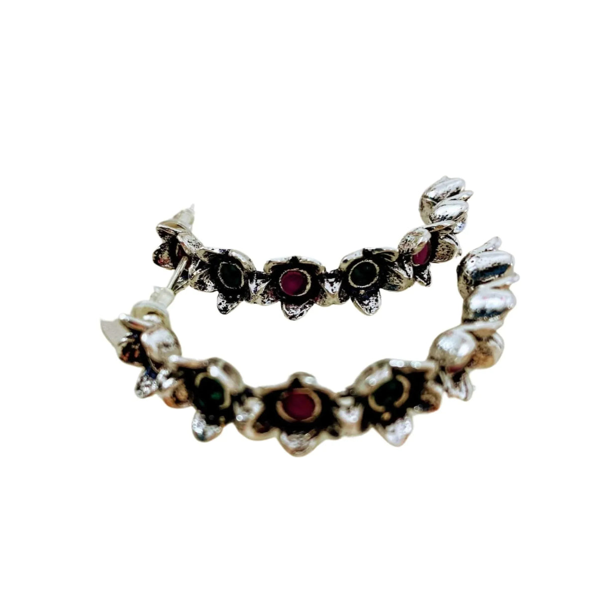 Indian Oxidized Half-Hoop Earrings for Women - Oxidized Flower Huggie Hoop Earrings Bohemian Inspired Half-Circle Design Bollywood Style Ear Jewellery for Bridesmaid | Birthday Gift for Her - LoveNspire