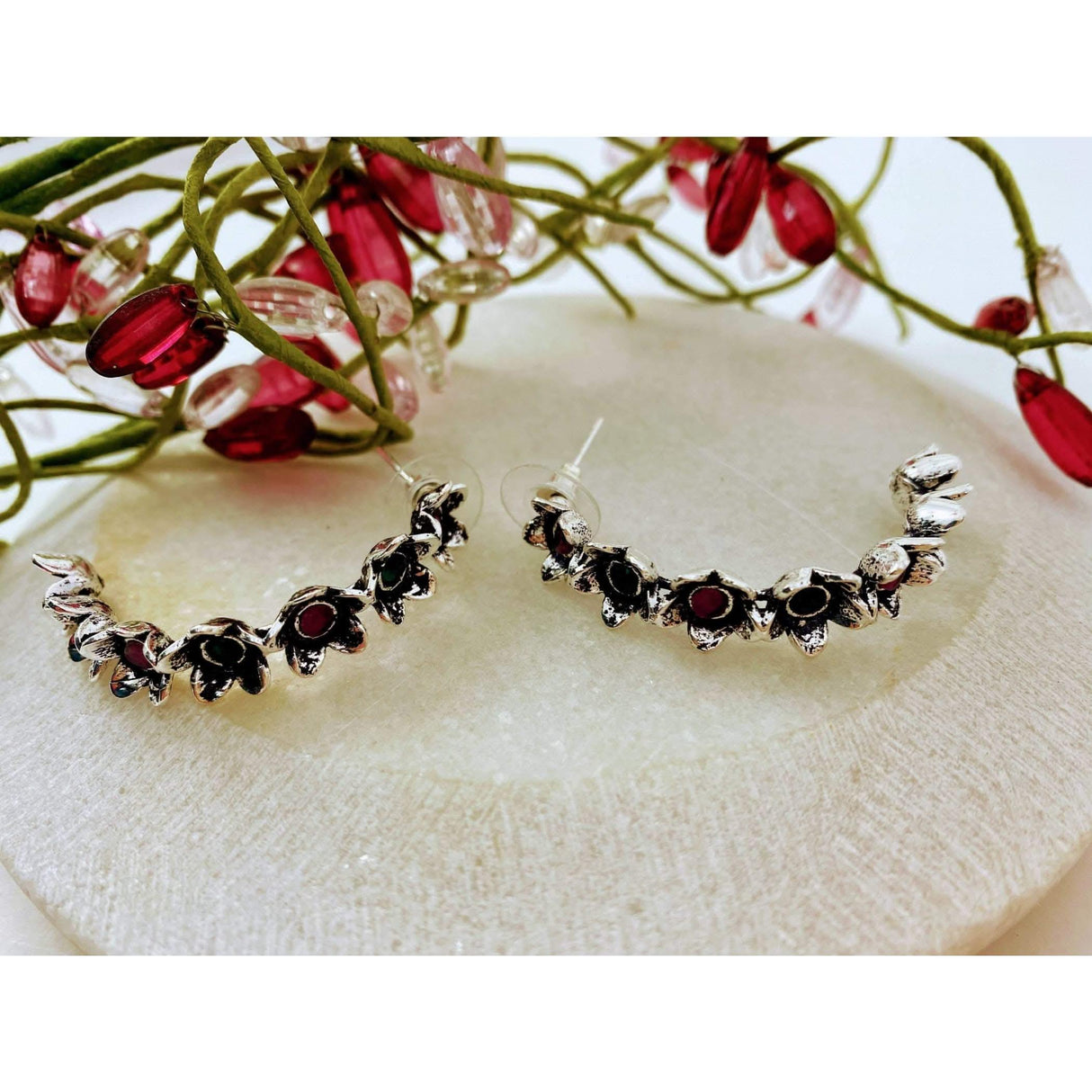 Indian Oxidized Half-Hoop Earrings for Women - Oxidized Flower Huggie Hoop Earrings Bohemian Inspired Half-Circle Design Bollywood Style Ear Jewellery for Bridesmaid | Birthday Gift for Her - LoveNspire