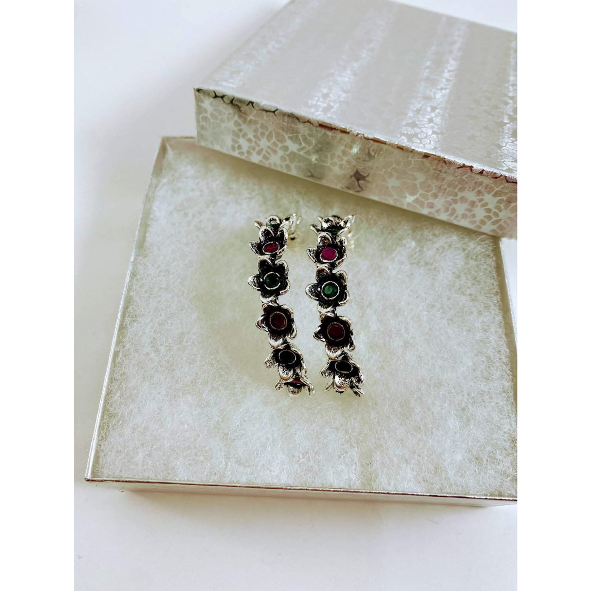 Indian Oxidized Half-Hoop Earrings for Women - Oxidized Flower Huggie Hoop Earrings Bohemian Inspired Half-Circle Design Bollywood Style Ear Jewellery for Bridesmaid | Birthday Gift for Her - LoveNspire