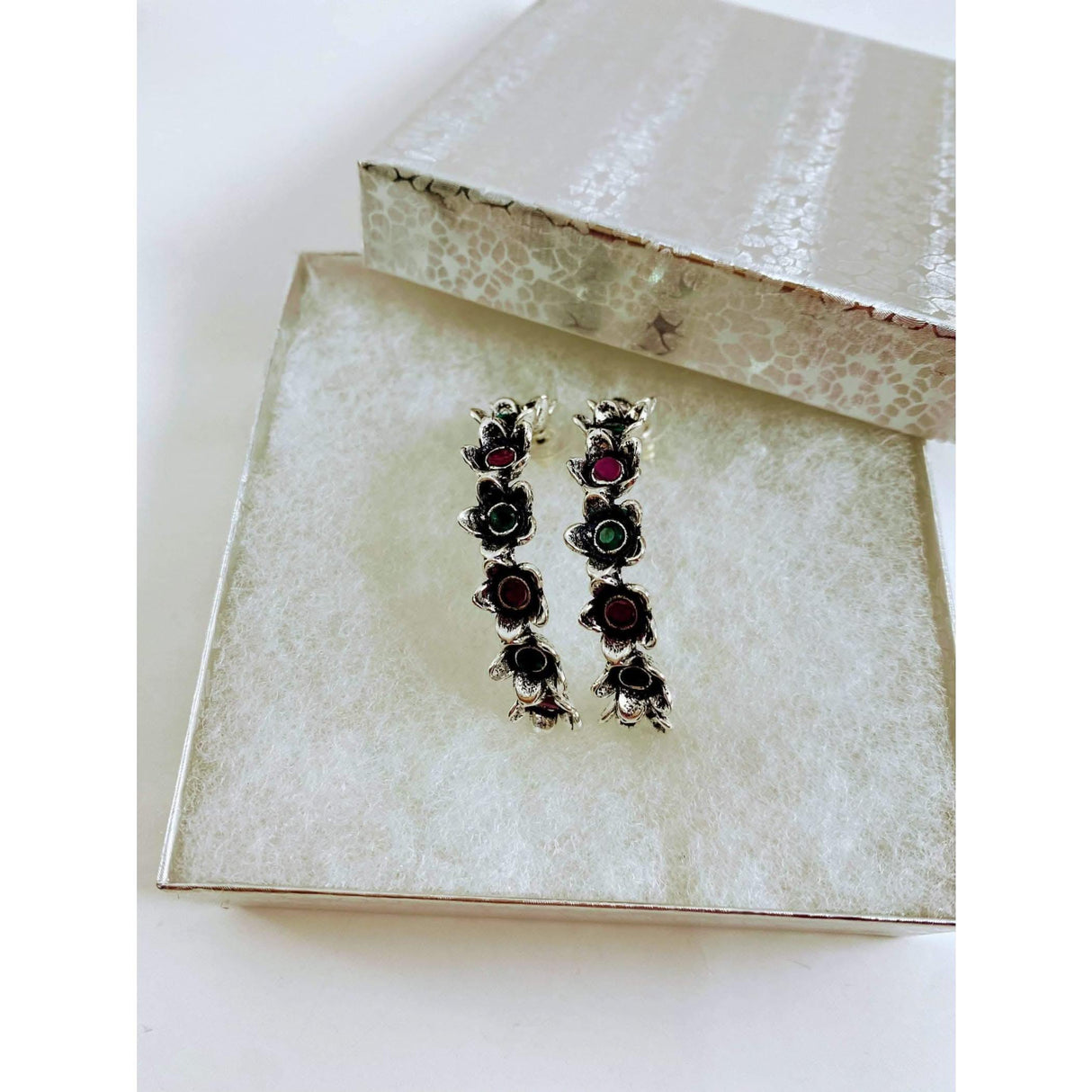 Indian Oxidized Half-Hoop Earrings for Women - Oxidized Flower Huggie Hoop Earrings Bohemian Inspired Half-Circle Design Bollywood Style Ear Jewellery for Bridesmaid | Birthday Gift for Her - LoveNspire