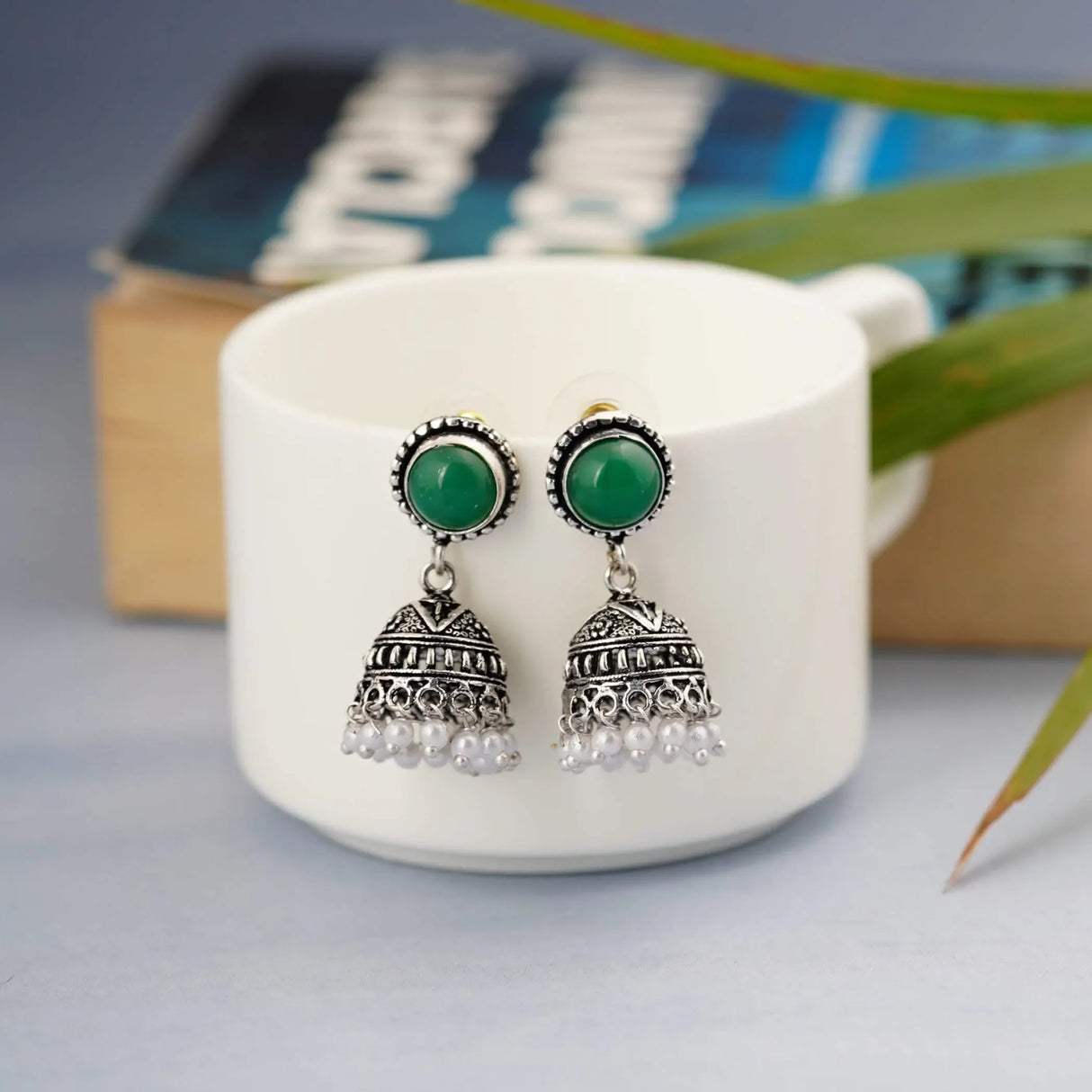 Indian Oxidized Jhumka Earrings for Women - Indian Oxidized Bell Tassel Jhumki Ethnic Chandbali Earrings Faux Pearls with Oxidized Platting Bollywood Style Dangle Earring Jewelry for Bride - LoveNspire