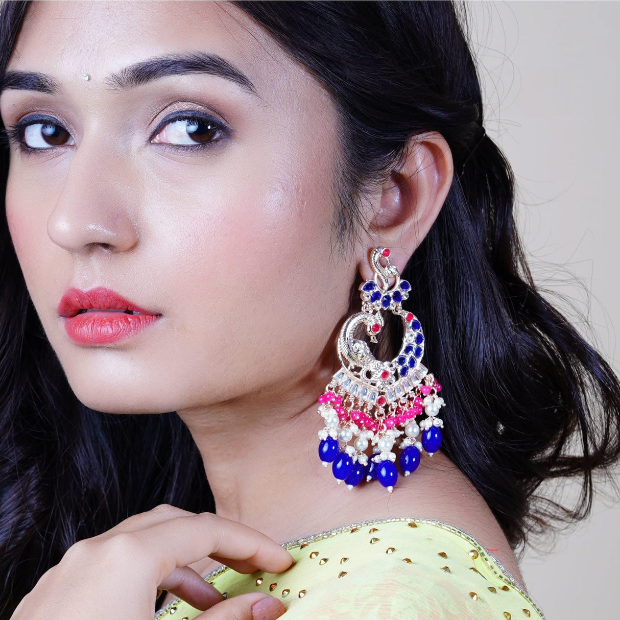 Oversized / Big Indian Jhumka Earrings for Women - Indian Peacock Earrings Ethnic Chandbali Jhumki Kundan & Faux Pearl Beaded Bollywood Style Dangle Earring - LoveNspire