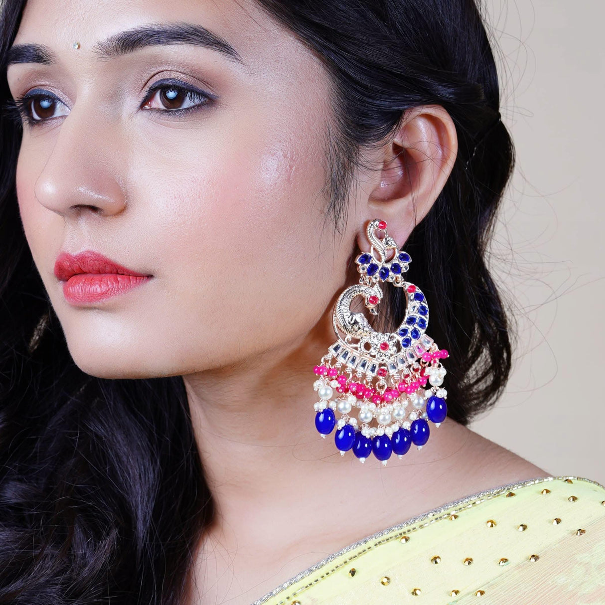 Oversized / Big Indian Jhumka Earrings for Women - Indian Peacock Earrings Ethnic Chandbali Jhumki Kundan & Faux Pearl Beaded Bollywood Style Dangle Earring - LoveNspire