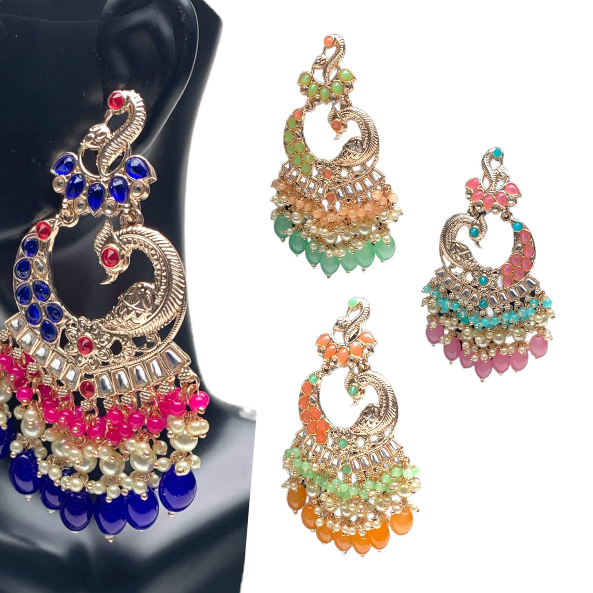 Oversized / Big Indian Jhumka Earrings for Women - Indian Peacock Earrings Ethnic Chandbali Jhumki Kundan & Faux Pearl Beaded Bollywood Style Dangle Earring - LoveNspire