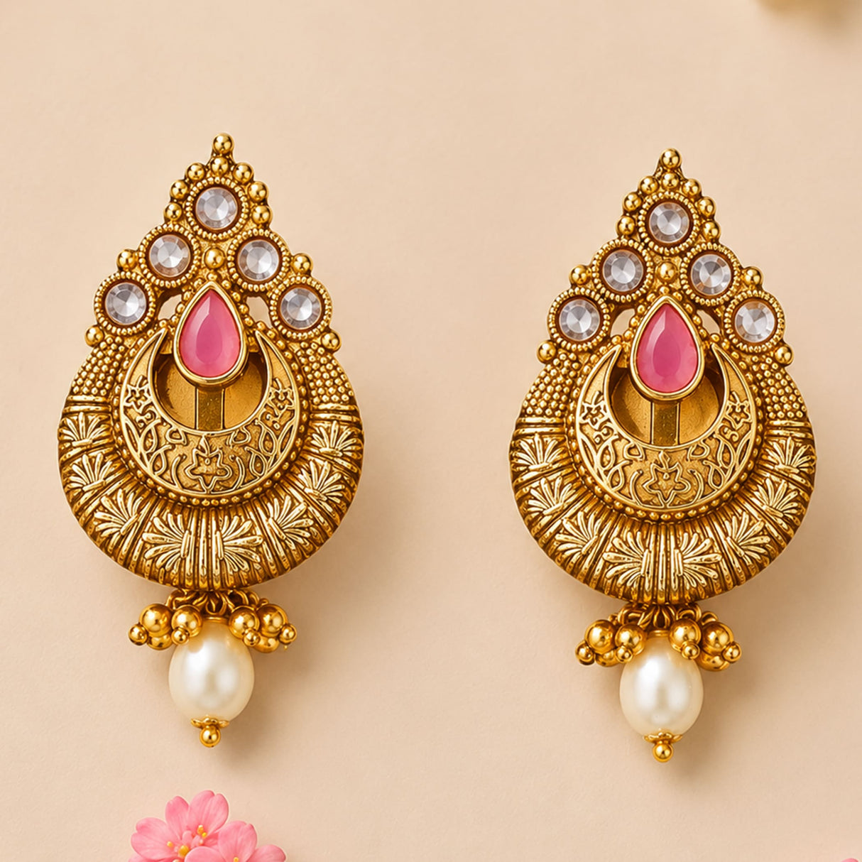 Indian kundan gold tone teardrop earrings with pink gemstone filigree and faux pearl dangles for weddings and ethnic wear