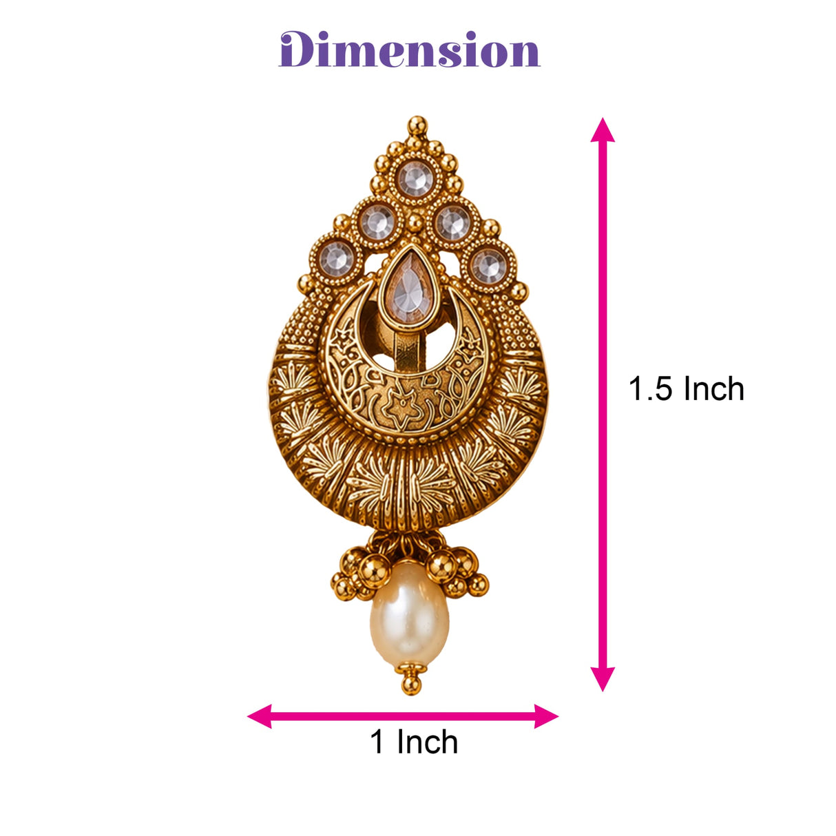 Gold tone Indian Kundan chandbali earrings with intricate filigree and faux pearls for Diwali wedding and ethnic wear