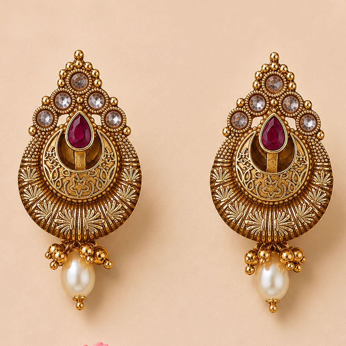 Indian kundan and faux pearls gold tone chandbali earrings with ruby teardrop, clear crystals, and dangling white pearls for ethnic wear