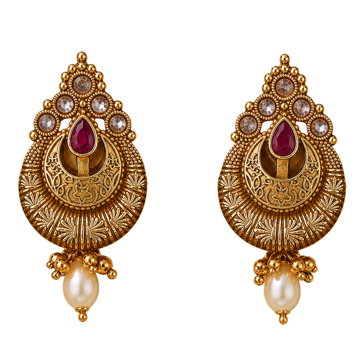 Indian kundan gold tone chandbali earrings with teardrop red gemstone and faux pearl dangles for wedding and ethnic wear