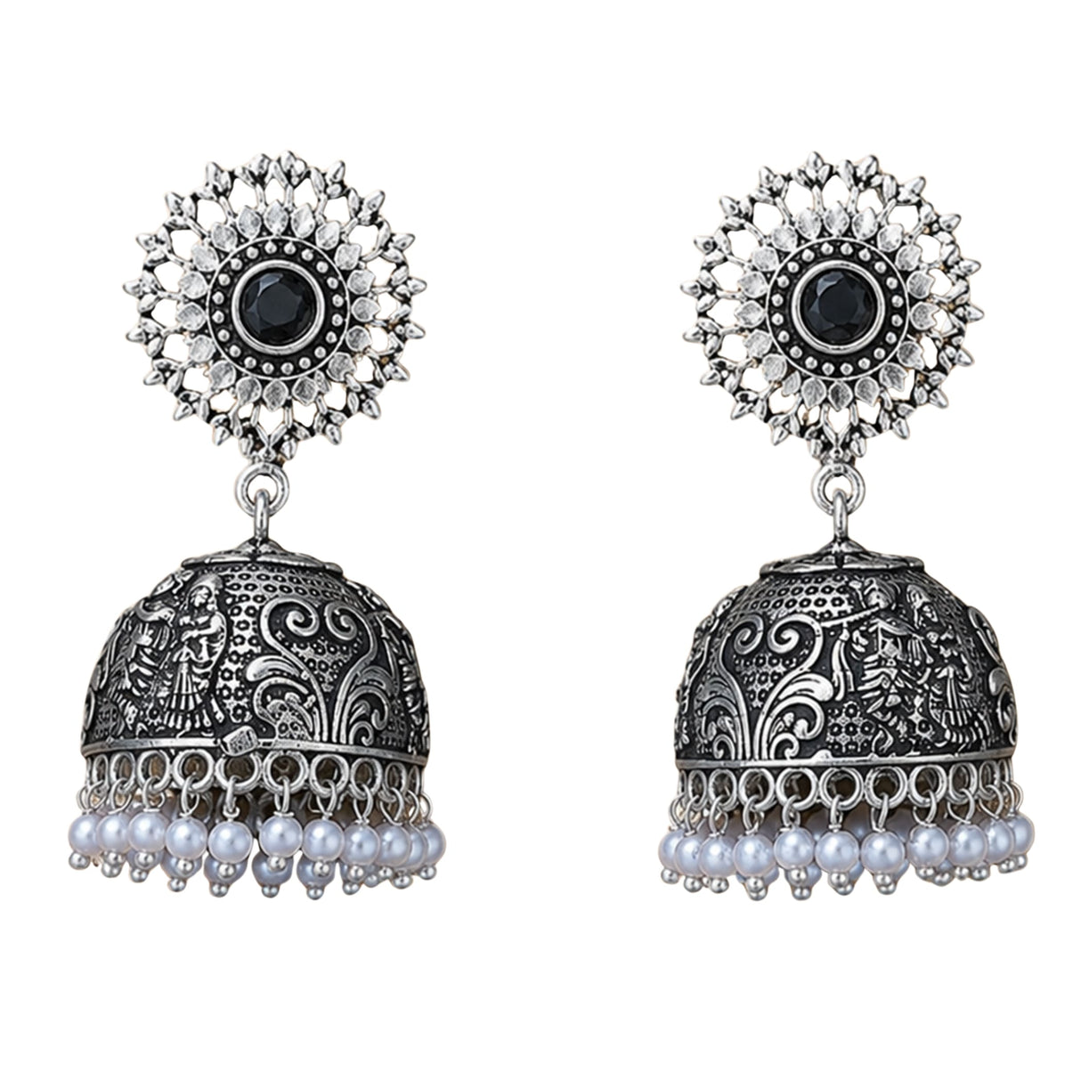 Boho oxidized silver tone jhumka earrings with intricate floral designs black gemstone and pearl dangle for ethnic wear